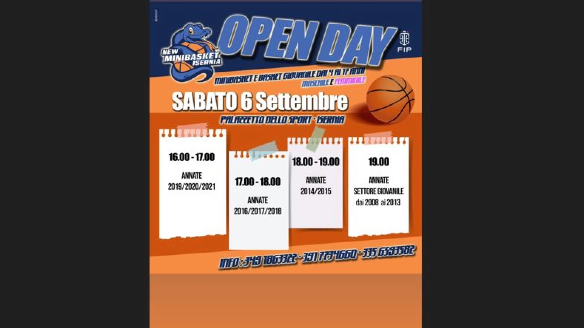 Isernia: sabato 6 settembre l'Open Day della New Mini Basket Isernia. Presentazione dei vari corsi